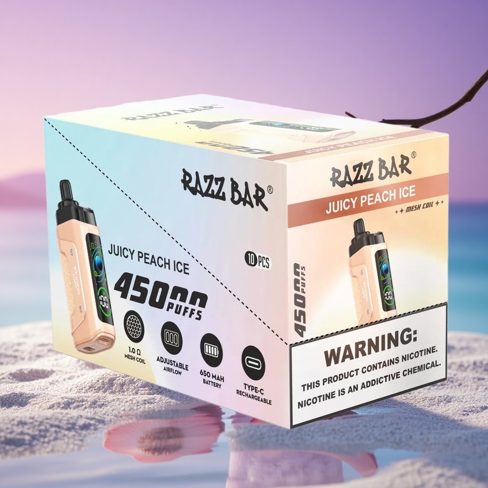 Razz Bar 45000 Puffs Pêche Juteuse Glace avec 20 mg/ml Nicotine et Batterie 650 mAh