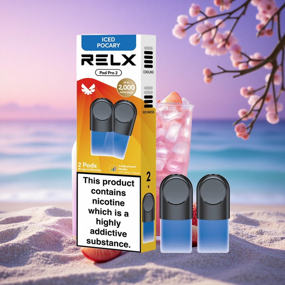 Relx Pod Pro 2 Vape Device Boisson Glacée Pocary 18mg/ml de nicotine - 1,9ml - 3 modes de tension (5,5W, 6,5W, 8W) - 2 ou 3 pods/paquet