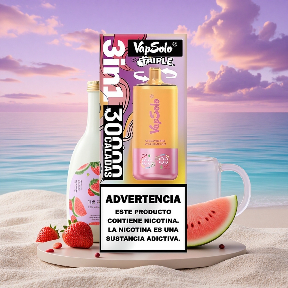 Vapsolo Triple 30000 Puffs Fraise Pastèque & Citron Pêche avec 40ml de E-Liquide et Nicotine 20mg/ml